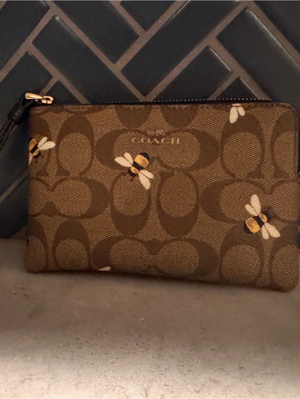 Coach Brown Signature Bee Zip Wristlet - Picture 2 of 4
